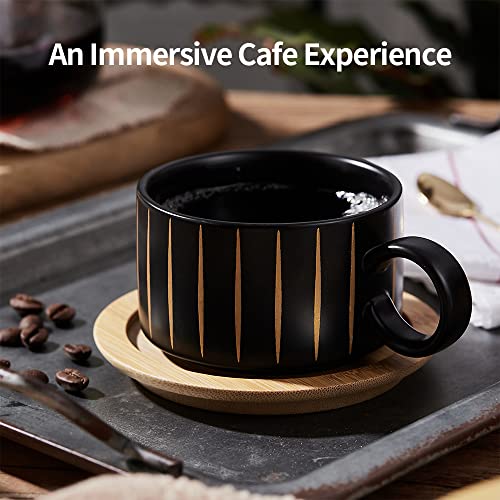 LUKA Porcelain Espresso Cup with Saucer and Metal Stand, 6 Ounce Stackable Ceramic Demitasse Espresso Mugs Cappuccino Cups Set for Latte,Coffee,Cafe Mocha,Tea(Set of 4) - color: Black & White Stripes
