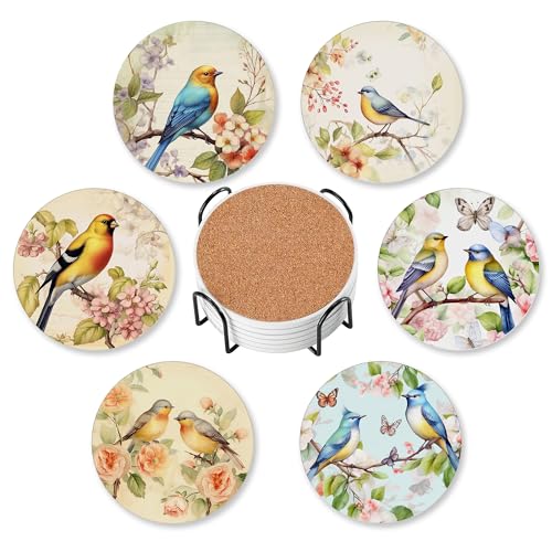 6 Pcs Drink Coasters with Holder,Vintage Watercolor Bird Flower Absorbent Round Ceramic Coaster for Tabletop Protection,for Coffee Cup Beverage Coasters Wine Beer Bar - color: Vintage Watercolor Bird Flower