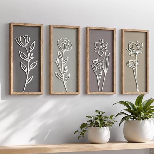 Tide and Tales 3d Framed Wall Art, Set of 4, Floral Boho Wall Decor | 7" x 16", Lightweight, Wooden, Ready-to-Hang Wall Decor for Living Room, Bathroom, Bedroom or Office, Botanical Farmhouse - color: Naturals, size: 7" x 16"