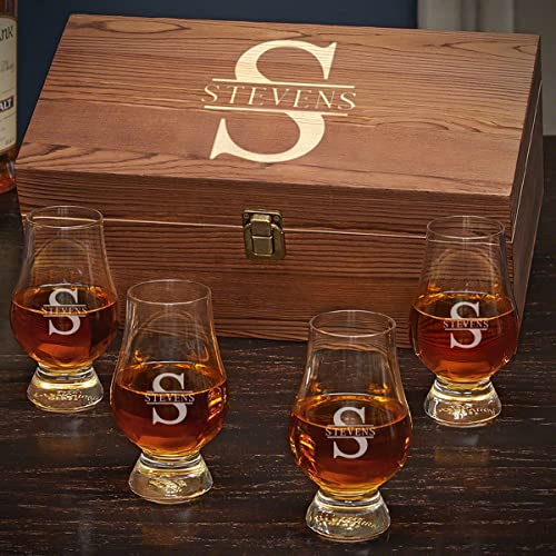Personalized Glencairn Whiskey Glass Gift Set with Wooden Box – Set of 4 Engraved 6 oz Glencairn Bourbon & Scotch Tasting Glasses, Custom Whiskey Lover Gift for Dad, Husband & Collectors - style: Brown Box Set