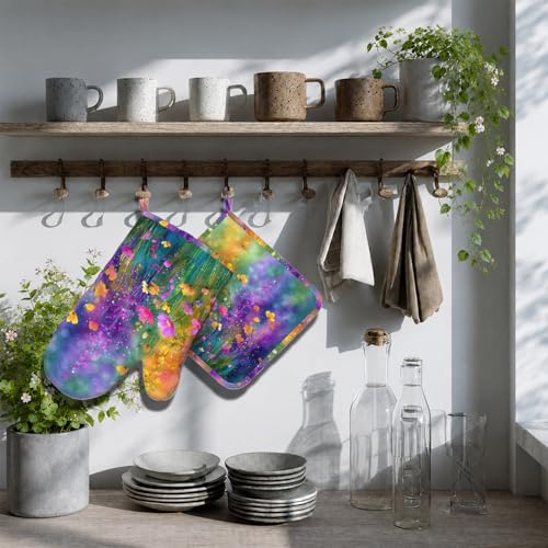 Wild Lavender Oven Mitts and Pot Holders Sets Silicone Heat Resistant Kitchen Oven Gloves Pot Holder for Cooking Baking Grilling BBQ - color: Wild Lavender