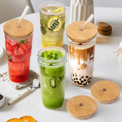 32oz Ribbed Glassware Large Cup, Glass Cups With Lids And Straws,Iced Coffee Cups With Lids,Glasses Drinking Set,Cute Cups,Boba Cup,With Straw Brush,Ideal Gift