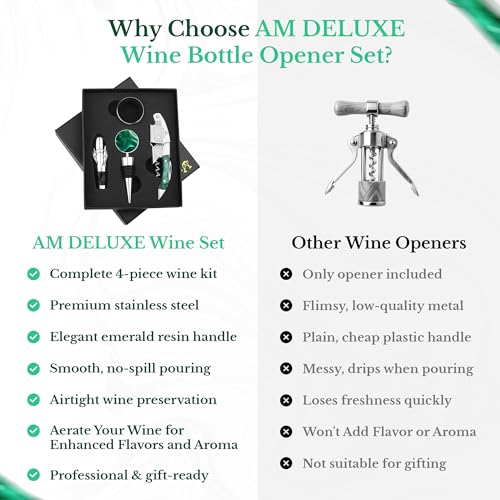 Wine Bottle Opener Set - Professional Waiters Corkscrew Wine Opener, Wine Aerator Pourer Spout, Wine Bottle Stopper, Wine Collar Drip Ring. 4-Piece Wine Accessories Gift Set