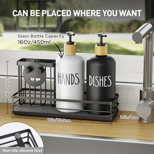 Moforoco Kitchen Dish Soap Dispenser Set, 16OZ Glass Bottle, Hand and Dish Soap Dispenser Set, Instant Dry Tray, Brush Holder with Smiley Face Sponge Holder (Black Tray+Black&White Bottle) - color: Black Tray+black&white Bottle