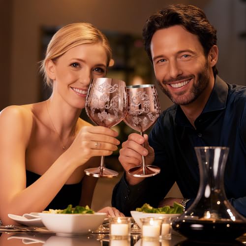 Lifecapido Stainless Steel Wine Glasses Set of 2, 18oz Etched Rose Gold Wine Goblets, Unique Wine Glasses with Intricate Baroque Engravings for Party Wedding Anniversary - color: Rose Gold
