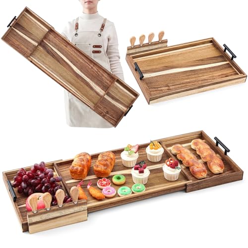 Lounsweer Acacia Large Charcuterie Board with Handles and Knife Set Expandable 19.6 to 36 Inch XL Wood Serving Tray Long Cheese Platter for Party Gatherings Entertaining House Gift(Double-Side Pull) - size: 19.6 to 36 Inch