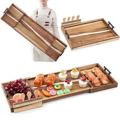 Lounsweer Acacia Large Charcuterie Board with Handles and Knife Set Expandable 19.6 to 36 Inch XL Wood Serving Tray Long Cheese Platter for Party Gatherings Entertaining House Gift(Double-Side Pull) - size: 19.6 to 36 Inch