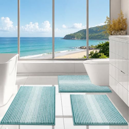 Bathroom Rugs Sets 3 Piece, Toilet Rugs U-Shaped Contour Bath Mat Set, Striped Absorbent Non Slip Chenille Shower Mat, Aqua Green - color: Aqua Green, size: 20"x32"+16"x24"+U Shape 20"x24"