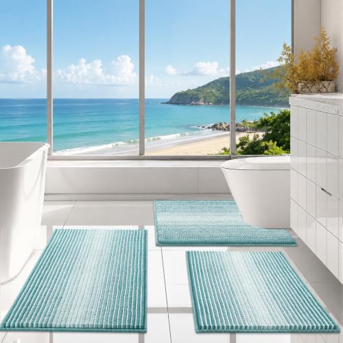 Bathroom Rugs Sets 3 Piece, Toilet Rugs U-Shaped Contour Bath Mat Set, Striped Absorbent Non Slip Chenille Shower Mat, Aqua Green - color: Aqua Green, size: 20"x32"+16"x24"+U Shape 20"x24"