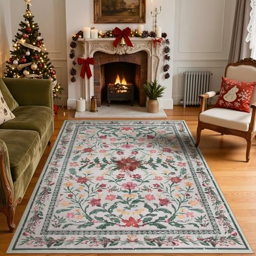 Lahome 5x7 Christmas Rug for Living Room, Boho Soft Rugs for Bedroom Decor | Washable Holly Berries Area Rug for Dining Room Fireplace Apartment Rustic Decor - color: Cream Berry, size: 5' x 7' (Rectangular)