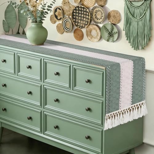 72" Sage Green Table Runner, Boho Woven Cotton with Tassels, Wedding - color: Sage Green, size: 72 inches