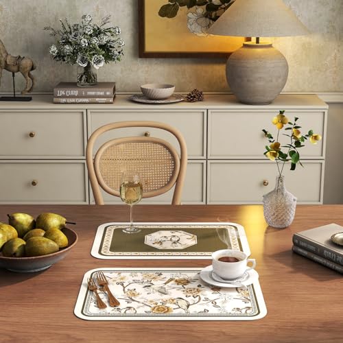 Vinyl Waterproof Placemats Set of 6 Rectangular,12"*17"-Murad E | Wipeable Beautiful Green Place Mats,Stain Resistant,Heat Resistant,Everyday Meals,Kitchen,Dinning,Holiday,Decor - color: Murad E