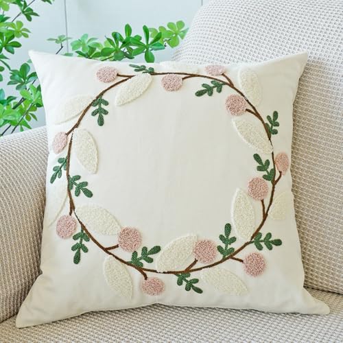 vctops Floral Embroidered Pillow Covers 18x18 Inch Spring Summer Cotton Tufted Throw Pillow Cover Outdoor Garden Cushion Case for Sofa, Bed, Living Room (Flower B,18"x18") - color: Flower B