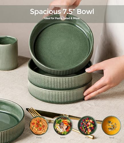 GBhome 7.5 Inch Pasta Bowls Set of 4, Ceramic Salad Bowls, Dark Green | Double Reactive Glaze Bowls for Pasta, Noodles & Fruit, Scratch Resistant, Microwave & Dishwasher Safe - color: Dark Green, size: Set of 4