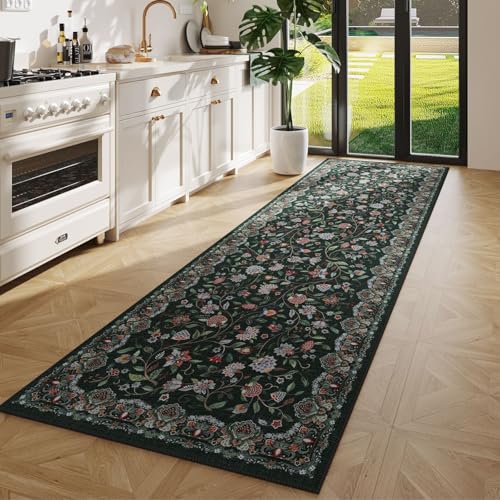 Rugcomf Vintage Paisley Kitchen Runner Rug 2'x6' - Machine Washable, Non-Slip Low Pile Floral Carpet for Laundry, Bedroom, Bathroom - Green - color: Green - Paisley Pattern, size: 2' x 6' (Rectangular)