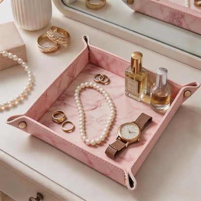 Valet Tray Desktop Storage Organizer – Vegan Leather Catchall Bedside Vanity Tray Nightstand Caddy Holder for Remote Controller, Watch, Keys, Phone, Wallet, Coin, Jewelry, Marble Pink - color: Marble Pink