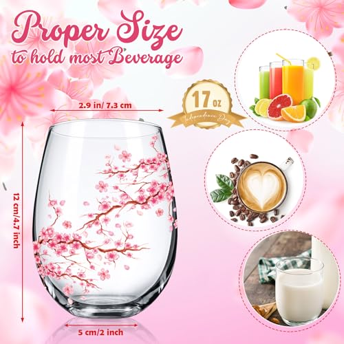 Sliner 2 Pack 17oz Cherry Blossom Stemless Wine Glasses Floral Drinking Glasses Cherry Blossom Tumbler Cups for Wedding Birthday Gift Parties Supplies - style: Cherry Blossom