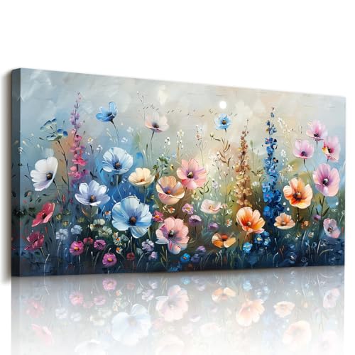 imjiayu Colorful Wildflower Canvas Wall Art, Blue Pink Floral Meadow Print | 20x40 In, Large Horizontal Landscape, Botanical Flower Art, Boho Floral Painting, Living Room Bedroom Decor, Ready to Hang - color: Blue Flower Field, size: 40"L x 20"W