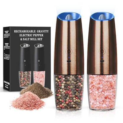 Rechargeable Gravity Salt Pepper Grinder Set, 2 Pack (Copper) | Gravity Rechargeable Grinder With Led Light & Adjustable Coarseness, No Extra Batteries Needed For Kitchen Seasoning - color: Rechargeable/2pcs/Copper