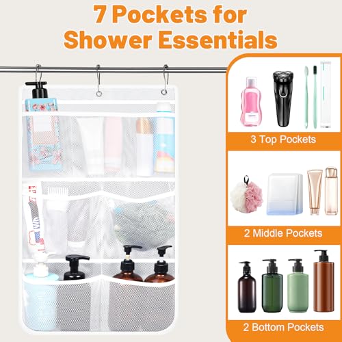 2 Pack Mesh Hanging Shower Caddy, 7-Pocket Bathroom Organizer | Quick-Dry Polyester Mesh, 3 Metal Hooks, Foldable For Dorm, Cruise, Rv, Camping And Home Use