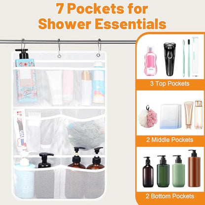 2 Pack Mesh Hanging Shower Caddy, 7-Pocket Bathroom Organizer | Quick-Dry Polyester Mesh, 3 Metal Hooks, Foldable For Dorm, Cruise, Rv, Camping And Home Use