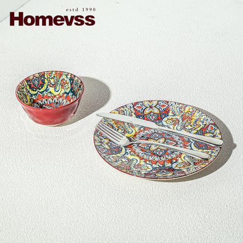 Boho 10 Pieces Dinnerware Sets, Plates and Bowls Set, Porcelain Dishes Set for 2, Microwave and Dishwasher Safe, Scratch Resistant, Bohemian Style Dining Ware, Red - color: Red