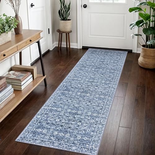 SIILOOM 2x7 Washable Runner Rug, Non Slip Soft Area Rug for Hallway Kitchen | Blue/White Boho Vintage Floral Spill & Stain Resistant Low Pile Carpet for Entryway Office Laundry Bedroom, Easy Clean - color: Blue/White, size: 2' x 7' (Runner)