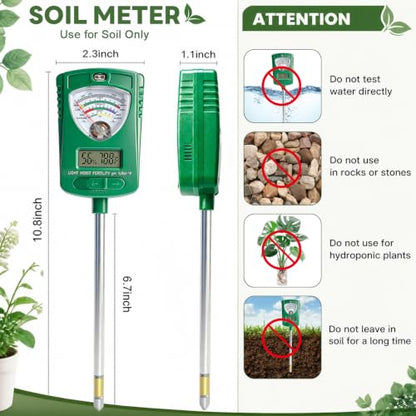 7-in-1 Soil Test Kit with 90° Rotatable Head, Soil Tester for Moisture/pH/Light Intensity/Fertility, Digital Screen for Soil & Air Temp/Humidity, Ideal for Garden, Lawn, Farm, Indoor/Outdoor Plants