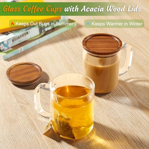 DRASTAR Glass Coffee Cups,12 oz Clear Coffee Mugs with Acacia Wood Lid,Flat Bottomed Coffee Mug with Handles,Tea Cup Set of 2 - size: 12 oz