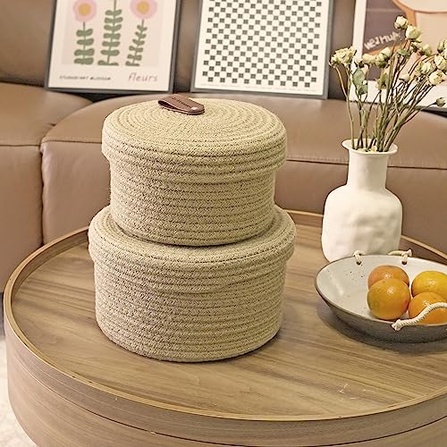 Set of 2 Round Jute Rope Storage Baskets with Lids -Leather Handles- Decorative Woven Organizer Bin for Home, Kitchen, Nursery,Small Basket