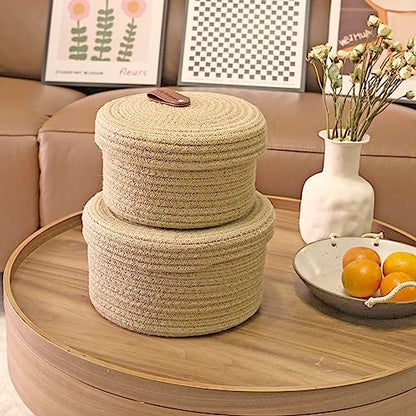 Set of 2 Round Jute Rope Storage Baskets with Lids -Leather Handles- Decorative Woven Organizer Bin for Home, Kitchen, Nursery,Small Basket