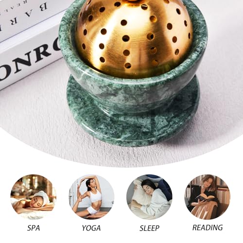 Sissi & yaya Marble Incense Burner with Brass Lid, 10 x 13.5 cm, Meditation and Spa Decor (Green) - color: Green