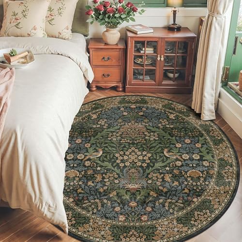 6ft Washable Area Rug Boho Non-Slip Carpet for Living Room Gold Green | Soft Low-Pile Circle Rug,Distressed Botanical Birds Rug,Stain Resistant Foldable Round Rug for Bedroom Dining Room Office - color: Gold Green (Larger Pattern), size: 6' (Round)