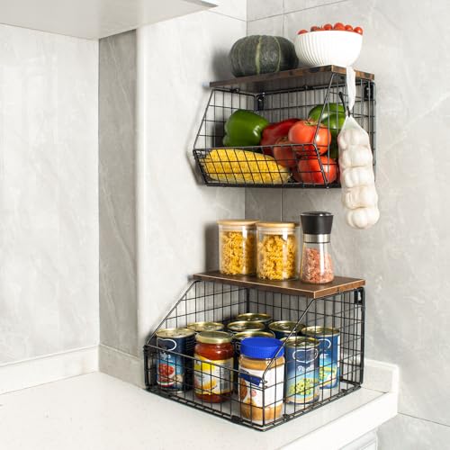Mefirt Fruit Basket, Stackable Wall Mounted Fruit Baskets, Potato Baskets Onion Storage for Kitchen, Hanging Wire Basket with Wood Lid, 2-Tier Vegetable Organizer Kitchen Countertop Organization | Hanging Potato Basket Wire Basket with Wood Lid, 2-Tier Ve