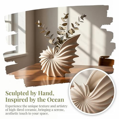 White Ceramic Seashell Vase for Pampas Grass and Flowers | Modern Tabletop Coastal Home Decor Accent for Living Room, Coffee Table, Entryway, Bookshelf and Dining Table