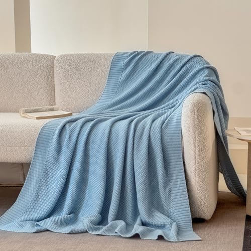 Simple&Opulence 100% Cotton Blanket King Size, Solid Color Cable Knitted Blanket Super Soft Comfortable Breathable Decorative Farmhouse for Couch Sofa Bed, All Season Use(Winter Blue,104x90) - color: Winter Blue, size: King Size 104x90"