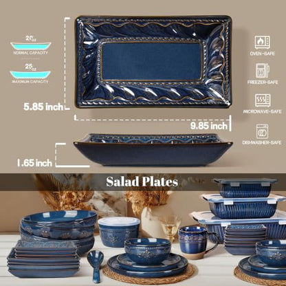 Salad Plates Set of 4, 9.85" Embossed Ceramic Rectangular Appetizer Plates, Deep Lipped Edges, Microwave & Dishwasher Safe, Dessert Sushi Pasta Serving Plates (Blue, Willow Leaf) - color: Blue (Willow Leaf), size: 9.85 inch