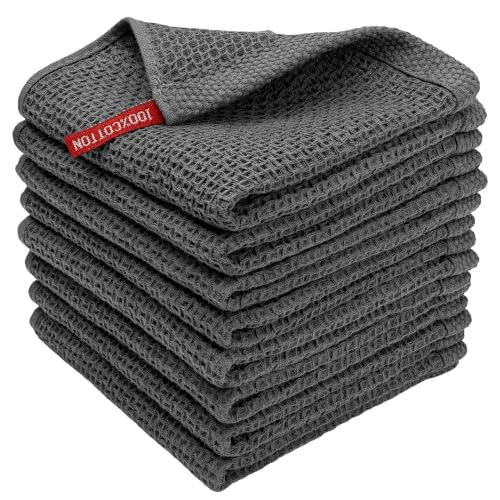 100% Cotton Waffle Weave Kitchen Towels, 8 Pack Dish Cloths for Washing Dishes, Ultra Soft Absorbent Dish Towels, Quick Drying Kitchen Rags, 12x12 Inches, Dark Grey - color: Dark Grey, size: 12 x 12 - 8 Pack