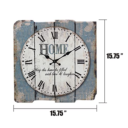 Stonebriar Square 15" Rustic Farmhouse Worn Blue and White Roman Numeral Battery Operated Wall Clock - color: Blue