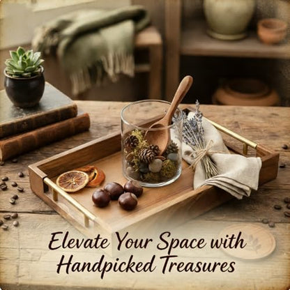 Wooden Serving Tray with Gold Metal Handles, 11.8" x 7.87" Rectangular | For Coffee Table, For Food, For Drinks, For Decor