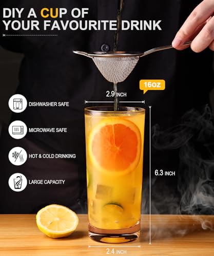 Drinking Water Glass Cups Set,Crystal Highball Glasses cups set of 4,16oz | Wide Mouth Design Tall Glassware for Cocktail Parties, Family Dinners - style: drinking Set of 4 16oz