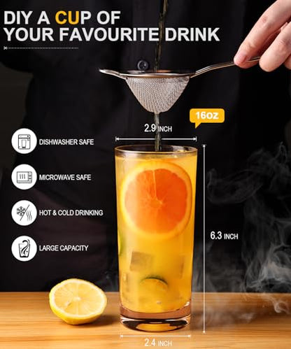 Drinking Water Glass Cups Set,Crystal Highball Glasses cups set of 4,16oz | Wide Mouth Design Tall Glassware for Cocktail Parties, Family Dinners - style: drinking Set of 4 16oz
