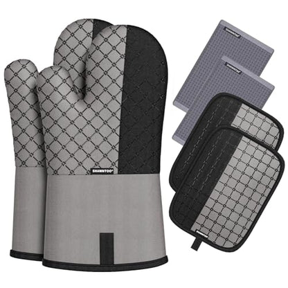 Oven Mitts and Pot Holders Sets 6pcs, Kitchen Oven Glove,High Heat Resistant 550 Degree Extra Long Oven Mitts and Potholders with Non-Slip Silicone Surface for Home Essentials (Grey) (Gray 2) - color: Gray 2