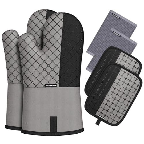 Oven Mitts and Pot Holders Sets 6pcs, Kitchen Oven Glove,High Heat Resistant 550 Degree Extra Long Oven Mitts and Potholders with Non-Slip Silicone Surface for Home Essentials (Grey) (Gray 2) - color: Gray 2
