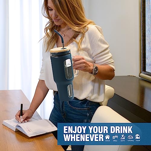 WINSA Glass Tumbler with Lid and Straw, 46 oz, Blue | Iced Coffee Cup with Handle, Large Water Bottle with Silicone Sleeve, Pearl Straw & Drinking Straw, BPA Free - color: Blue, size: 46 Ounces