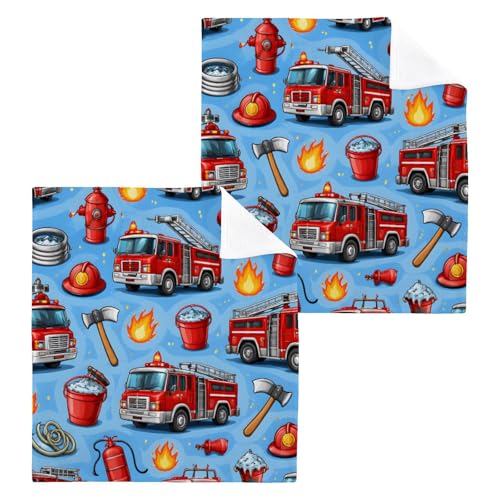 Cotton Washcloths Set of 2, Cartoon Fire Engine 12x12 Inch Wash Cloths Soft Absorbent Face Cloths Fingertip Towel for Bathroom, Spa, Gym - size: 2pack