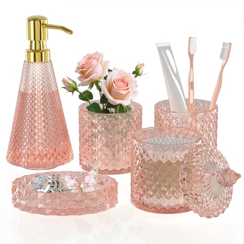 Pink Glass Bathroom Accessories Set 5 Pcs, Pink Bathroom Set, Soap Dispenser and Toothbrush Holder Set, Qtip Holder Set, Vintage Bathroom Sink Set, Cute Bathroom Decor - style: pink