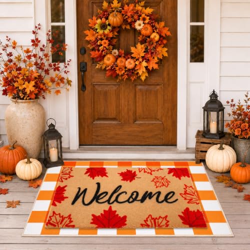 2 Pcs Fall Maple Leaf Welcome Doormat-Fall Decor Orange White Door Mat Set | Outdoor Non Slip Coir Rubber Backing Floor Rug with Thanksgiving Autumn Decoration for Home Porch Entryway Entrance Decor - color: Brown and Leaf