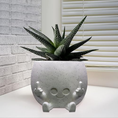 Smiling Plant Pot with Middle Fingers Up, Face Planter Pot Resin Flower Planters for Indoor Outdoor Plants Succulent Pots for String of Pearls Plant Live Gift Ideas for Mother (White) | Resin Face Planters for Indoor Outdoor, Unique Flower Pots with Drain