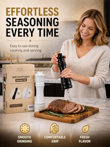 Wooden Black and White Manual Refillable Large Salt and Pepper Grinder Set, Shaker with Adjustable Ceramic Grinding Mechanism for Customized Coarseness, 8 Inches, Pack of 2